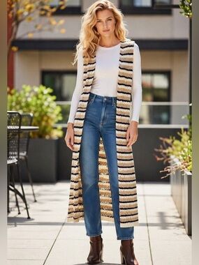 Boho Long Crochet Duster Vest Striped Open Knit Cardigan Medium NWT Cottagecore
